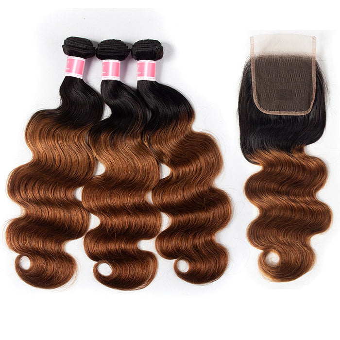 Ombre T1b/30 Body Wave 3 Bundles with Closure Free Part Virgin Human Hair Free Part hermosahair