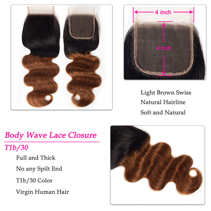 Ombre T1b/30 Body Wave 3 Bundles with Closure Free Part Virgin Human Hair Free Part hermosahair