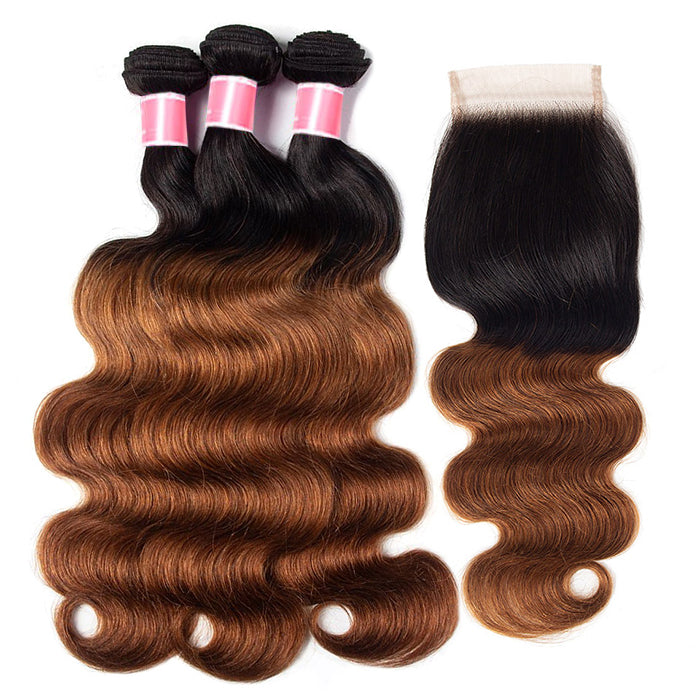 Ombre T1b/30 Body Wave 3 Bundles with Closure Free Part Virgin Human Hair Free Part hermosahair