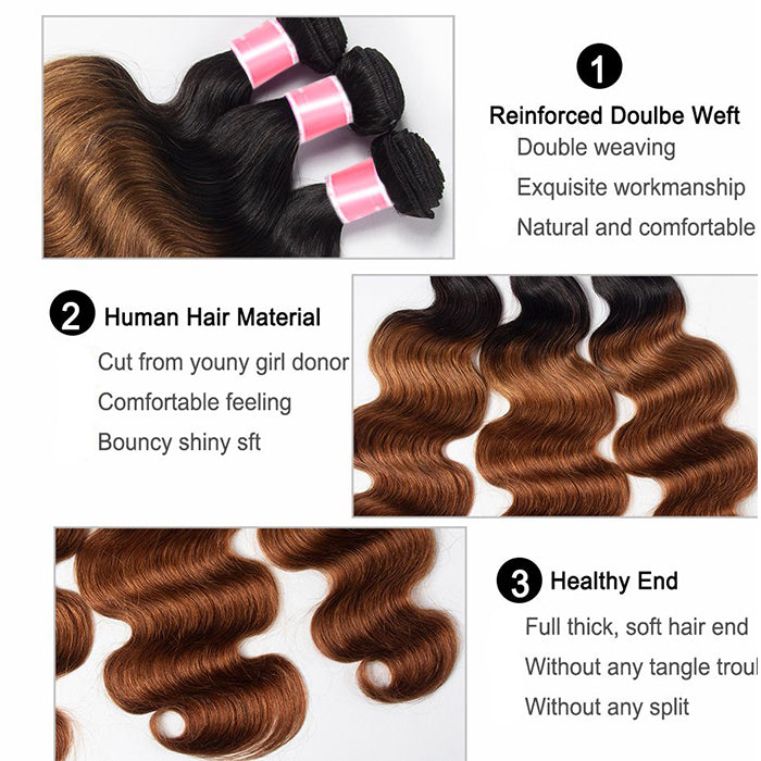 Ombre T1b/30 Body Wave 3 Bundles with Closure Free Part Virgin Human Hair Free Part hermosahair