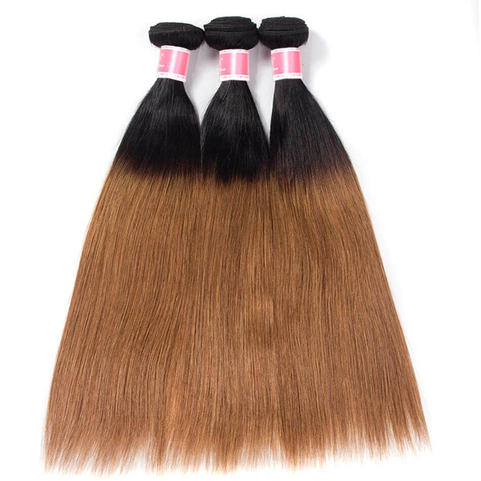 Ombre T1b/30 Straight Hair 3 Bundles with Closure Free Part Virgin Human Hair Free Part hermosahair