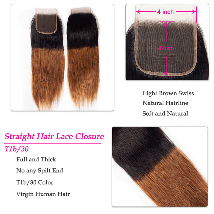 Ombre T1b/30 Straight Hair 3 Bundles with Closure Free Part Virgin Human Hair Free Part hermosahair