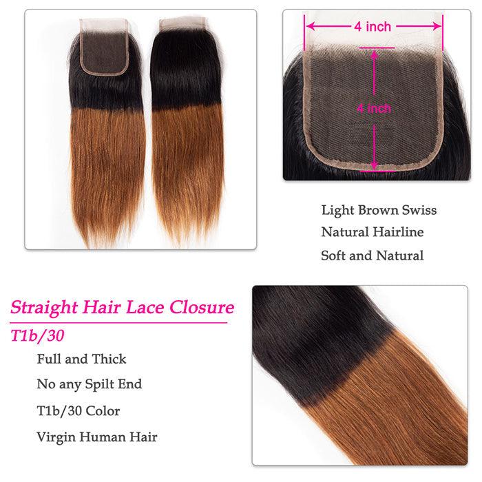 Ombre T1B/30 Straight Hair Free Part 4x4 HD Transparent Lace Closure 100% Human Hair hermosahair