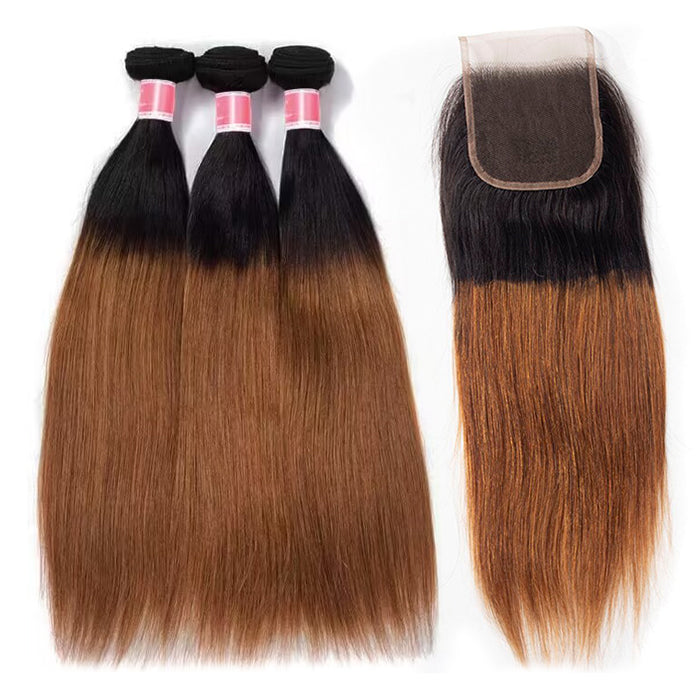 Ombre T1b/30 Straight Hair 3 Bundles with Closure Free Part Virgin Human Hair Free Part hermosahair