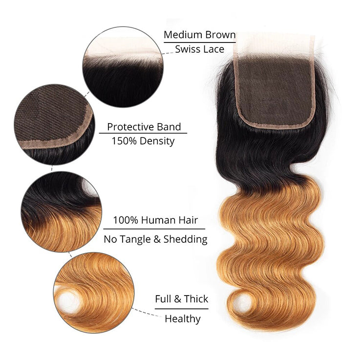 Ombre T1B/27 Body Wave 4x4 Free Part HD Transparent Lace Closure 100% Human Hair Lace Closure hermosahair