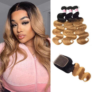 Ombre T1b/27 Body Wave 3 Bundles with Closure Free Part Virgin Human Hair Free Part hermosahair