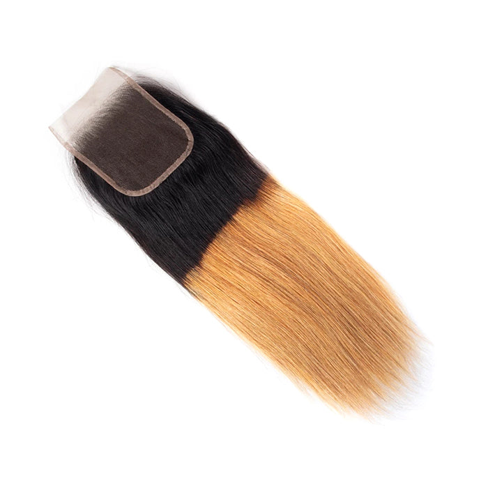 Ombre T1b/27 Straight Hair 3 Bundles with Closure Free Part Virgin Human Hair Free Part hermosahair