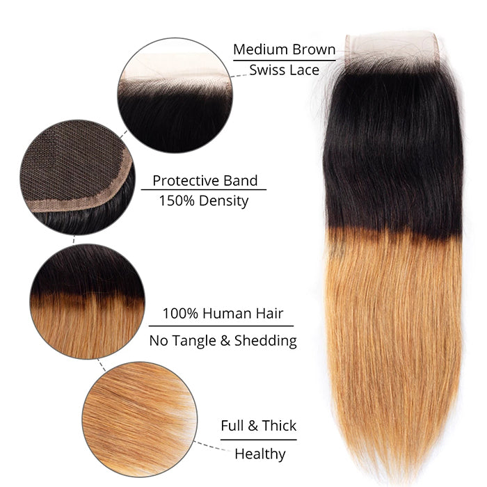 Ombre T1b/27 Straight Hair 3 Bundles with Closure Free Part Virgin Human Hair Free Part hermosahair