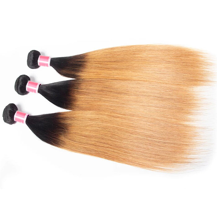 Ombre T1b/27 Straight Hair 3 Bundles with Closure Free Part Virgin Human Hair Free Part hermosahair