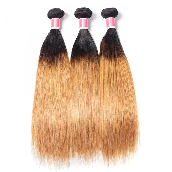 Ombre T1b/27 Straight Hair 3 Bundles with Closure Free Part Virgin Human Hair Free Part hermosahair