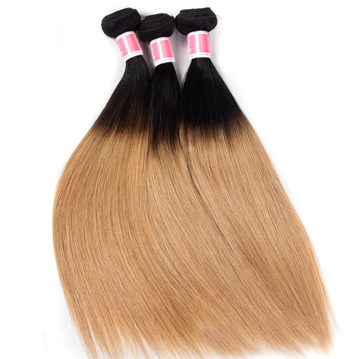 Ombre Peruvian Virgin Straight Hair 3/4 Bundles Deal Two Tone 1B/27 Human Hair Weave Extensions hermosahair