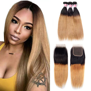 Ombre T1b/27 Straight Hair 3 Bundles with Closure Free Part Virgin Human Hair Free Part hermosahair