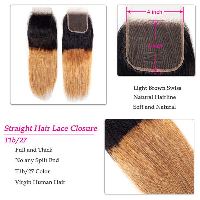 Ombre T1B/27 Straight Hair Free Part 4x4 HD Transparent Lace Closure 100% Human Hair Lace Closure hermosahair