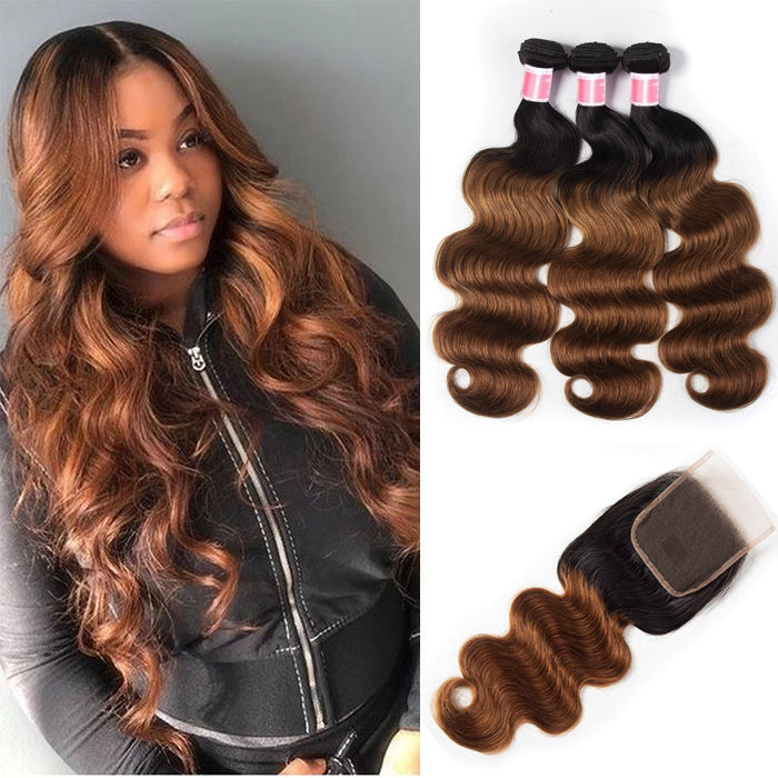 Ombre T1b/30 Body Wave 3 Bundles with Closure Free Part Virgin Human Hair Free Part hermosahair