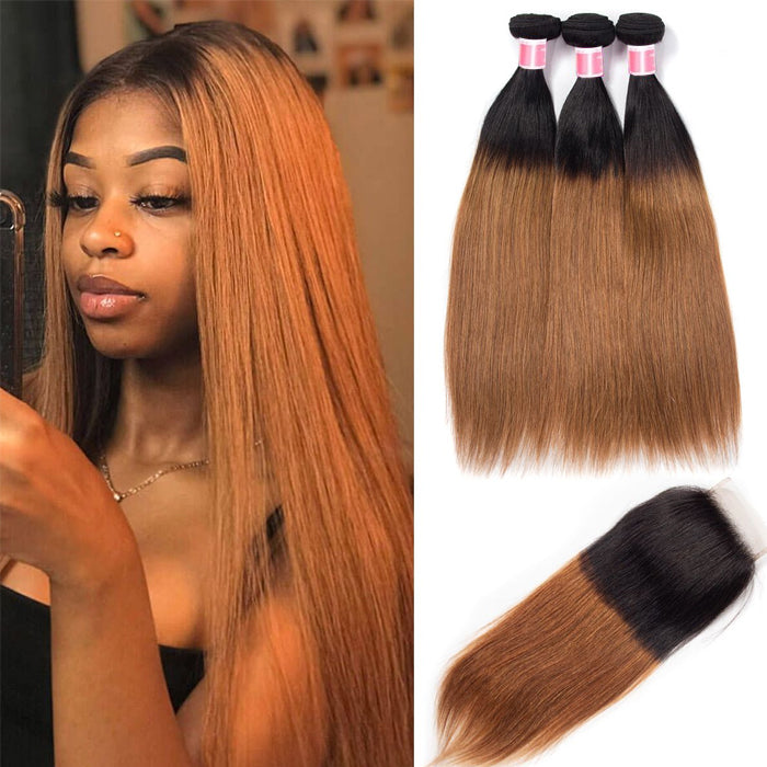 Ombre T1b/30 Straight Hair 3 Bundles with Closure Free Part Virgin Human Hair Free Part hermosahair