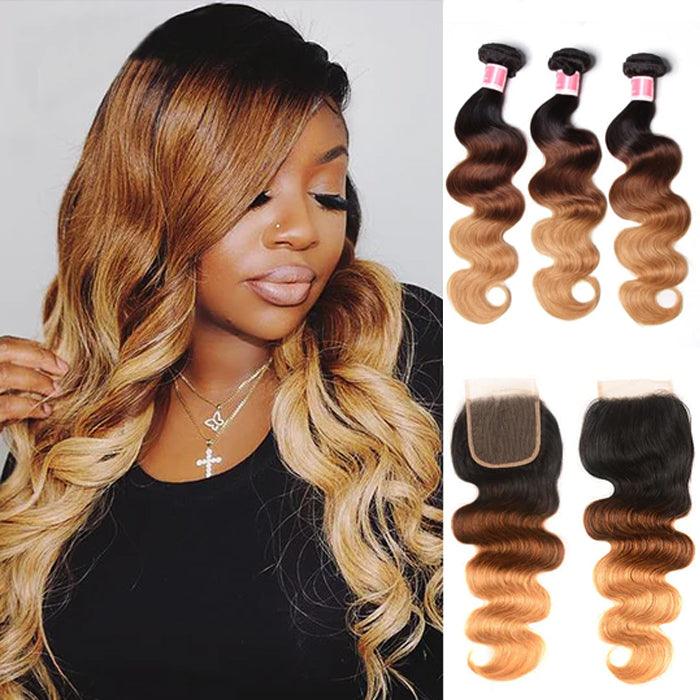 Ombre T1b/4/27 Body Wave 3 Bundles with Closure 100% Unprocessed Virgin Human Hair Free Part hermosahair