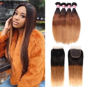 Ombre T1b/4/27 Straight Hair 3 Bundles with Closure 100% Unprocessed Virgin Human Hair Free Part hermosahair