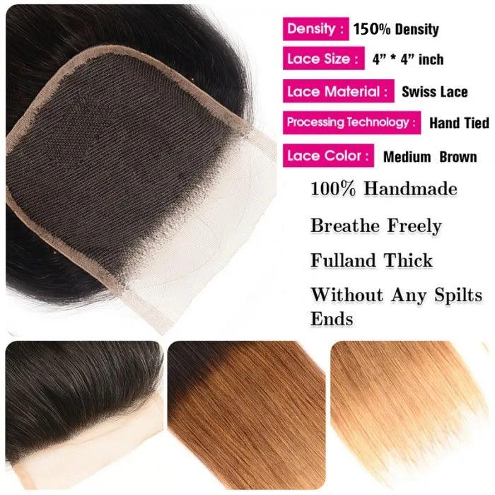 Ombre T1b/4/27 Straight Hair 3 Bundles with Closure 100% Unprocessed Virgin Human Hair Free Part hermosahair