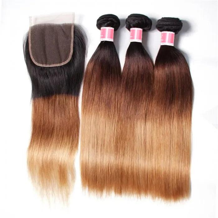 Ombre T1b/4/27 Straight Hair 3 Bundles with Closure 100% Unprocessed Virgin Human Hair Free Part hermosahair