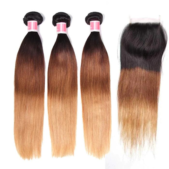 Ombre T1b/4/27 Straight Hair 3 Bundles with Closure 100% Unprocessed Virgin Human Hair Free Part hermosahair