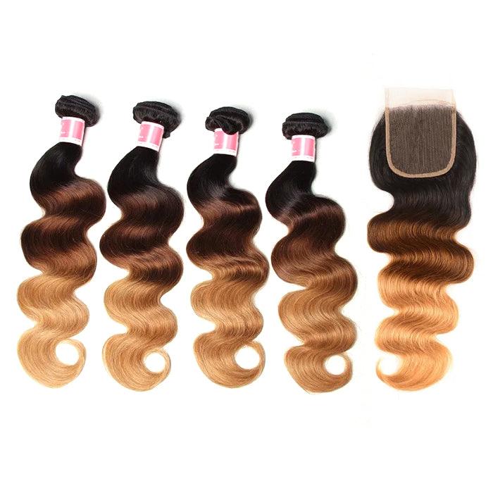 Ombre T1b/4/27 Body Wave 3 Bundles with Closure 100% Unprocessed Virgin Human Hair Free Part hermosahair