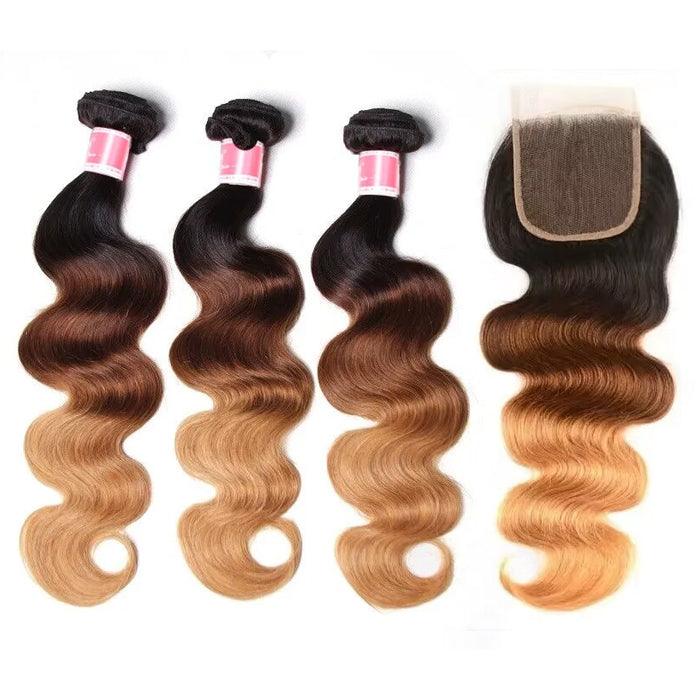 Ombre T1b/4/27 Body Wave 3 Bundles with Closure 100% Unprocessed Virgin Human Hair Free Part hermosahair