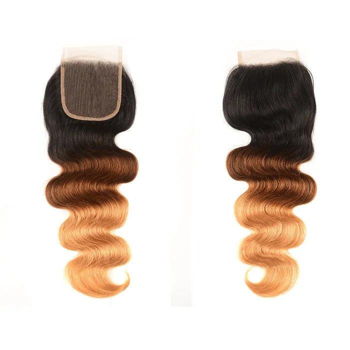 Ombre T1b/4/27 Body Wave 3 Bundles with Closure 100% Unprocessed Virgin Human Hair Free Part hermosahair