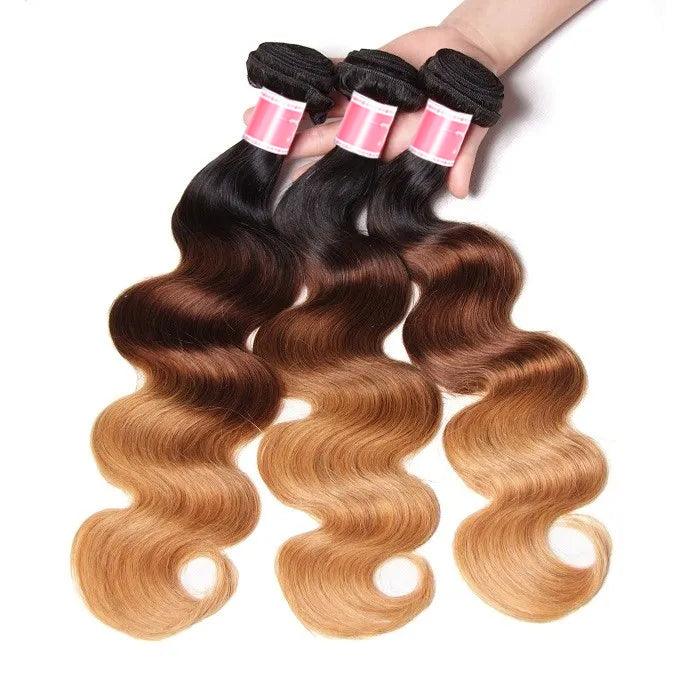 Ombre T1b/4/27 Body Wave 3 Bundles with Closure 100% Unprocessed Virgin Human Hair Free Part hermosahair