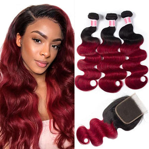 Ombre T1b/99J Body Wave 3 Bundles with Closure Free Part Virgin Human Hair Free Part hermosahair