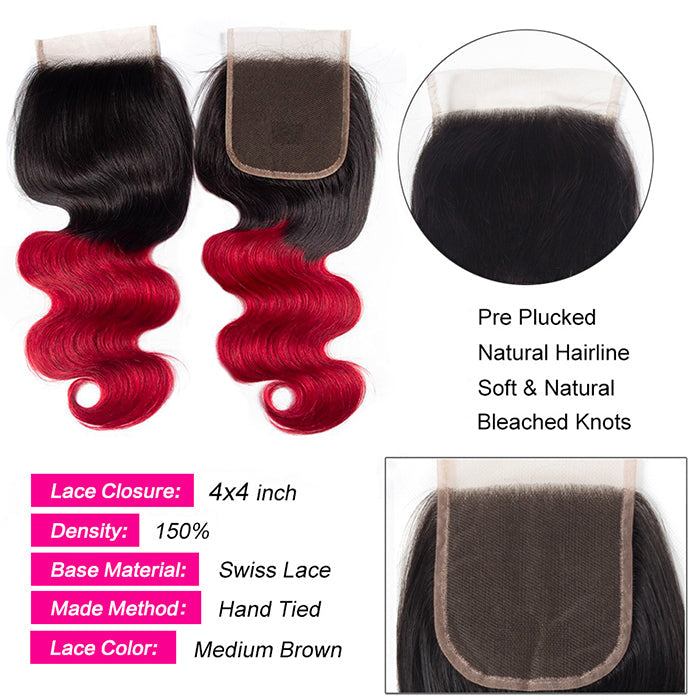 Ombre T1B/99J Body Wave 4x4 Free Part HD Transparent Lace Closure 1 Piece hermosahair