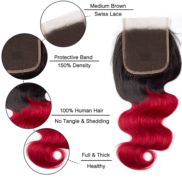 Ombre T1B/99J Body Wave 4x4 Free Part HD Transparent Lace Closure 1 Piece hermosahair