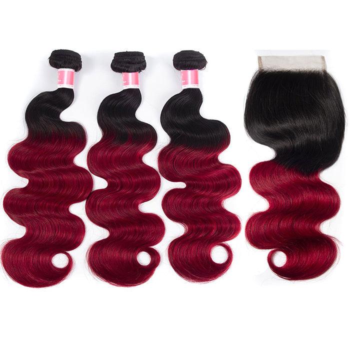 Ombre T1b/99J Body Wave 3 Bundles with Closure Free Part Virgin Human Hair Free Part hermosahair