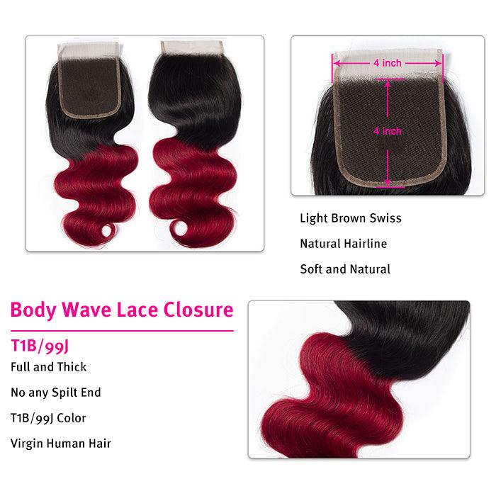 Ombre T1b/99J Body Wave 3 Bundles with Closure Free Part Virgin Human Hair Free Part hermosahair