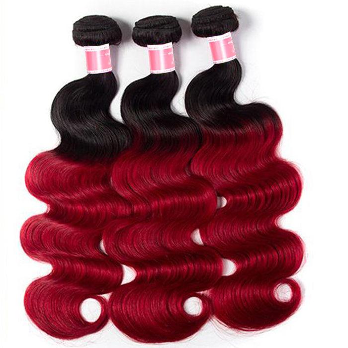 Ombre T1b/99J Body Wave 3 Bundles with Closure Free Part Virgin Human Hair Free Part hermosahair