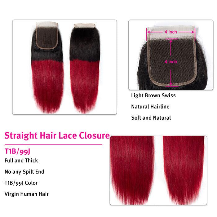 Ombre T1b/99J Straight Hair 3 Bundles with Closure Free Part Virgin Human Hair Free Part hermosahair