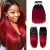 Ombre T1b/99J Straight Hair 3 Bundles with Closure Free Part Virgin Human Hair Free Part hermosahair