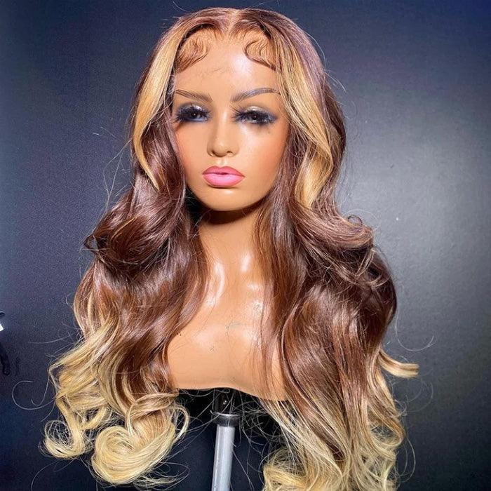 T4/27 Ombre Wigs with Blonde Skunk Stripe Body Wave 13*4/4*4 Lace Front Wig Ombre Blonde Highlight Human Hair Wigs Hermosa Hair