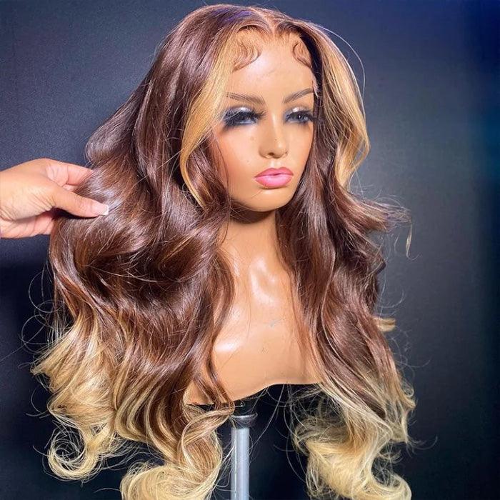 T4/27 Ombre Wigs with Blonde Skunk Stripe Body Wave 13*4/4*4 Lace Front Wig Ombre Blonde Highlight Human Hair Wigs Hermosa Hair