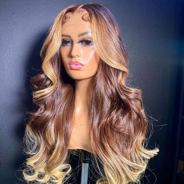 T4/27 Ombre Wigs with Blonde Skunk Stripe Body Wave 13*4/4*4 Lace Front Wig Ombre Blonde Highlight Human Hair Wigs Hermosa Hair