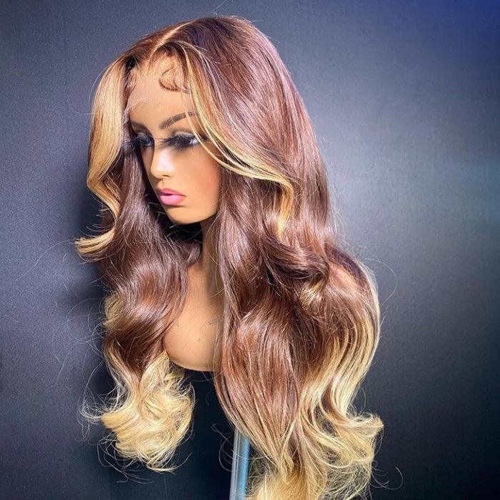 T4/27 Ombre Wigs with Blonde Skunk Stripe Body Wave 13*4/4*4 Lace Front Wig Ombre Blonde Highlight Human Hair Wigs Hermosa Hair