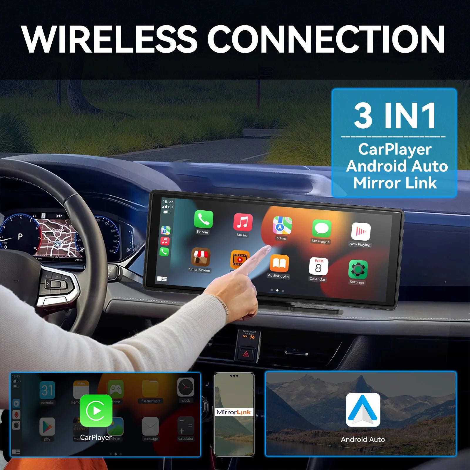 Universal Portable Carplay for Car Screen, Wireless Carplay Screen Wireless Car Stereo with Carplay Android Auto, Car Touchscree eprolo