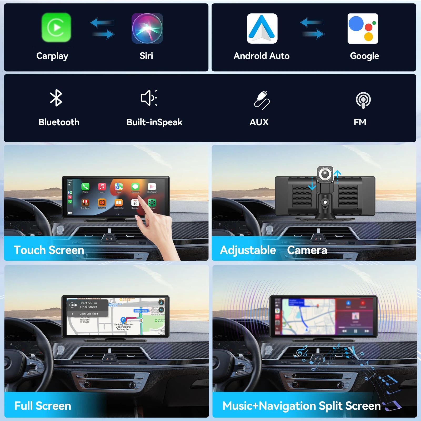 Universal Portable Carplay for Car Screen, Wireless Carplay Screen Wireless Car Stereo with Carplay Android Auto, Car Touchscree eprolo