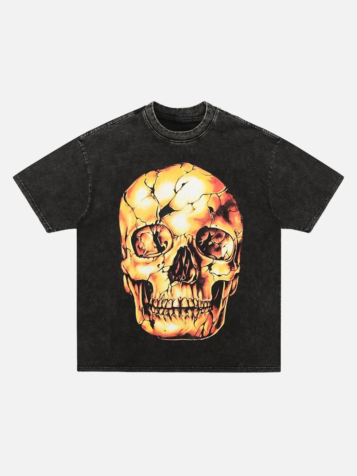 Washed And Distressed Retro Dark Gold Skull T-shirt SP240321W7QD