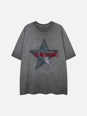 Washed Distressed Denim Patch Embroidered Star T-shirt SP24032031GR