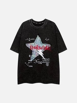 Washed Distressed Denim Patch Embroidered Star T-shirt SP24032031GR