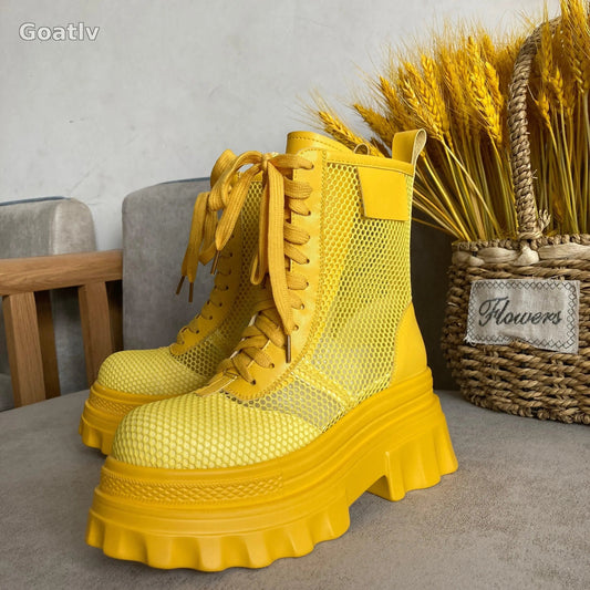 Womens Platform Mesh Breathable Ankle Boots Sandals High Heel Summer Shoes Riding Retro Girls Shoes - 1984