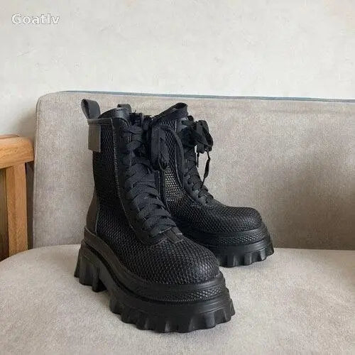 Womens Platform Mesh Breathable Ankle Boots Sandals High Heel Summer Shoes Riding Retro Girls Shoes - 1984
