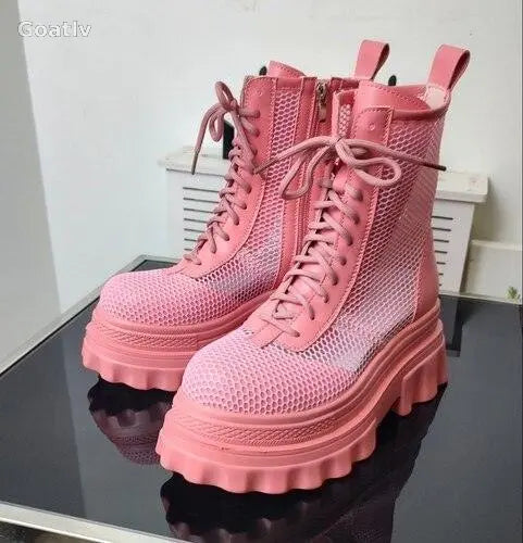 Womens Platform Mesh Breathable Ankle Boots Sandals High Heel Summer Shoes Riding Retro Girls Shoes - 1984