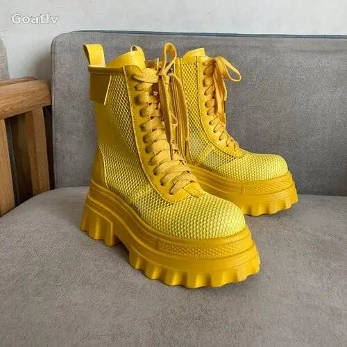 Womens Platform Mesh Breathable Ankle Boots Sandals High Heel Summer Shoes Riding Retro Girls Shoes - 1984