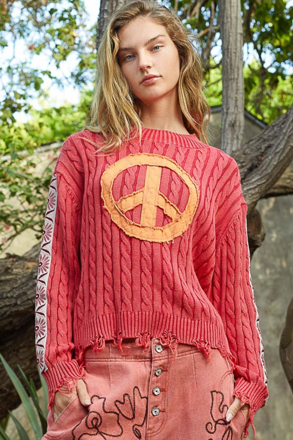 POL Washed Peace Patch Cable Knit Sweater Trendsi